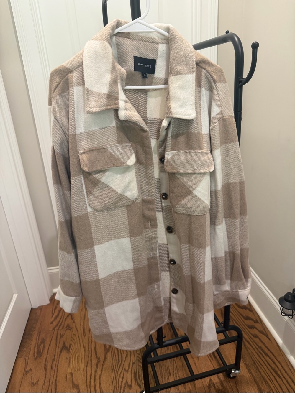Love Tree Beige & White Plaid Shacket Jacket